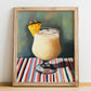 Piña Colada – on Striped Tablecloth, Puerto Rican Cocktail Wall Painting, no-text version framed in wood