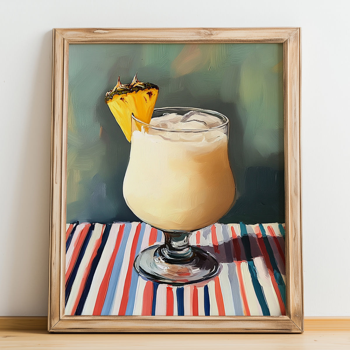 Piña Colada – on Striped Tablecloth, Puerto Rican Cocktail Wall Painting, no-text version framed in wood