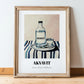 Akvavit – on Striped Tablecloth, Danish Spirit Poster, in wooden frame leaning on the floor