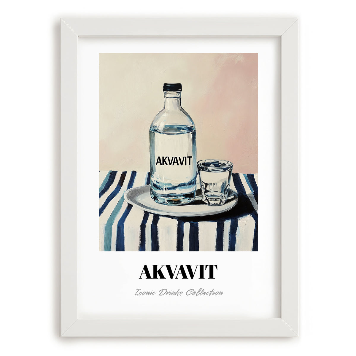 Akvavit – on Striped Tablecloth, Danish Spirit Poster, placed in minimal white frame