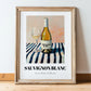 Sauvignon Blanc – on Striped Tablecloth, New Zealander Lemonade Illustration, in wooden frame leaning on the floor