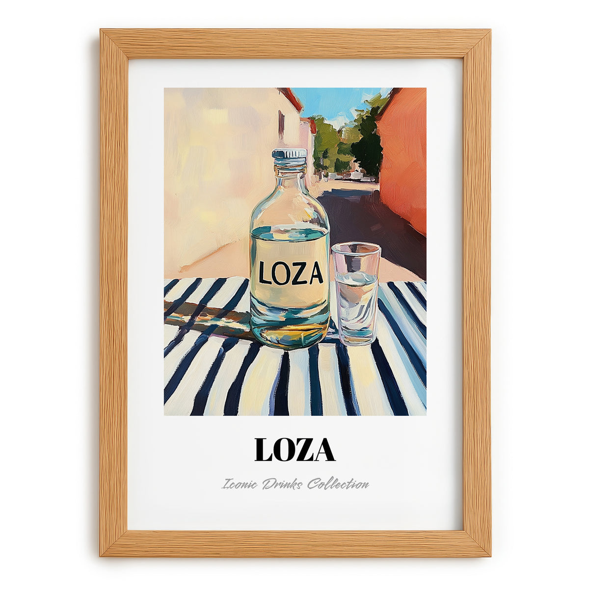 Loza – Montenegrin Outdoor Café Scene, Montenegrin Spirit Art, set in oak frame