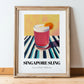 Singapore Sling – on Striped Tablecloth, Singaporean Cocktail Wall Poster, in wooden frame leaning on the floor