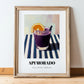 Api Morado – on Striped Tablecloth, Bolivian Beverage Print, in wooden frame leaning on the floor