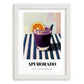 Api Morado – on Striped Tablecloth, Bolivian Beverage Print, placed in minimal white frame