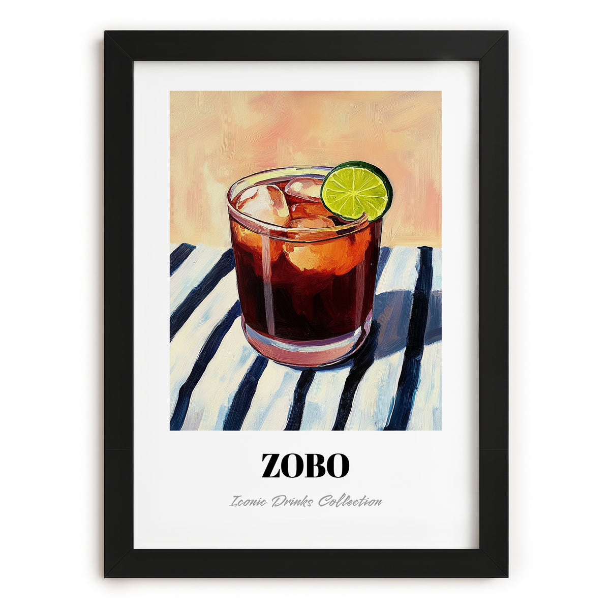 Zobo – on Striped Tablecloth, Nigerian Spirit Wall Decor, in sleek black frame
