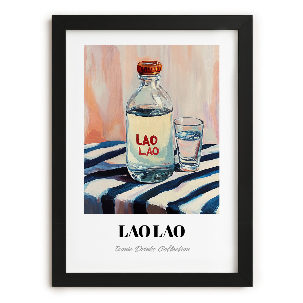Lao-Lao – on Striped Tablecloth, Laos Spirit Poster, in sleek black frame