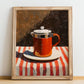 French Press – on Striped Tablecloth, Kitchen Utensils Print, no-text version framed in wood