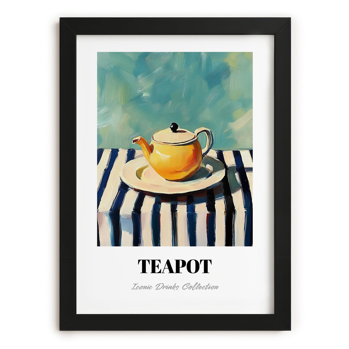 Teapot – on Striped Tablecloth, Kitchen Utensils Painting, in sleek black frame