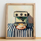 Espresso Machine – on Striped Tablecloth, Kitchen Utensils Wall Decor, no-text version framed in wood