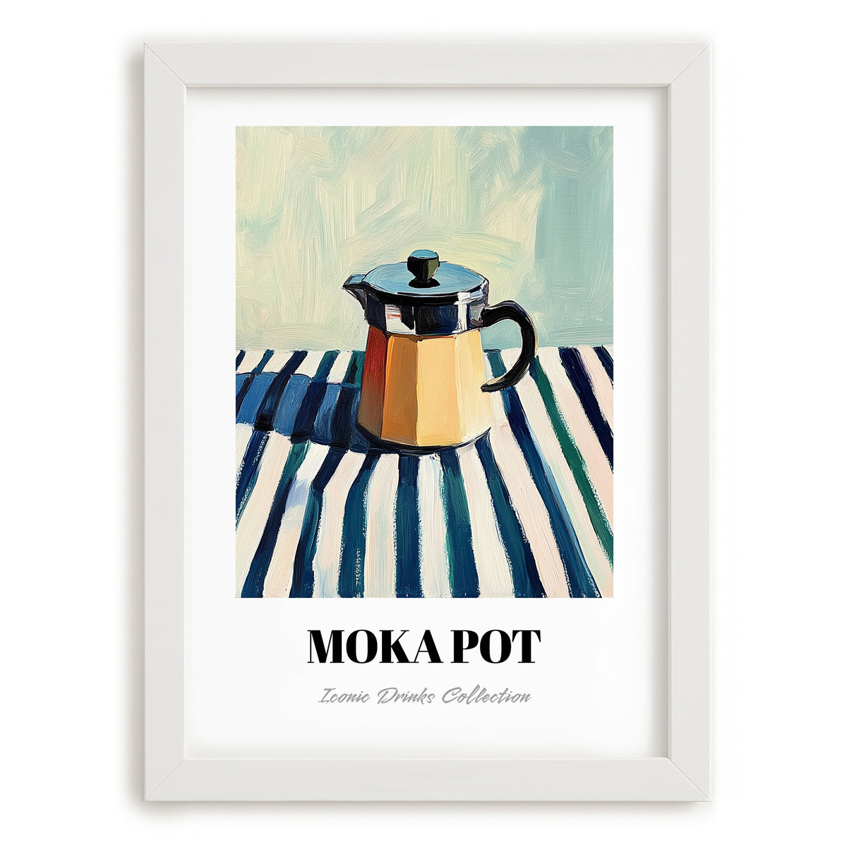 Moka Pot – on Striped Tablecloth, Kitchen Utensils Poster, placed in minimal white frame
