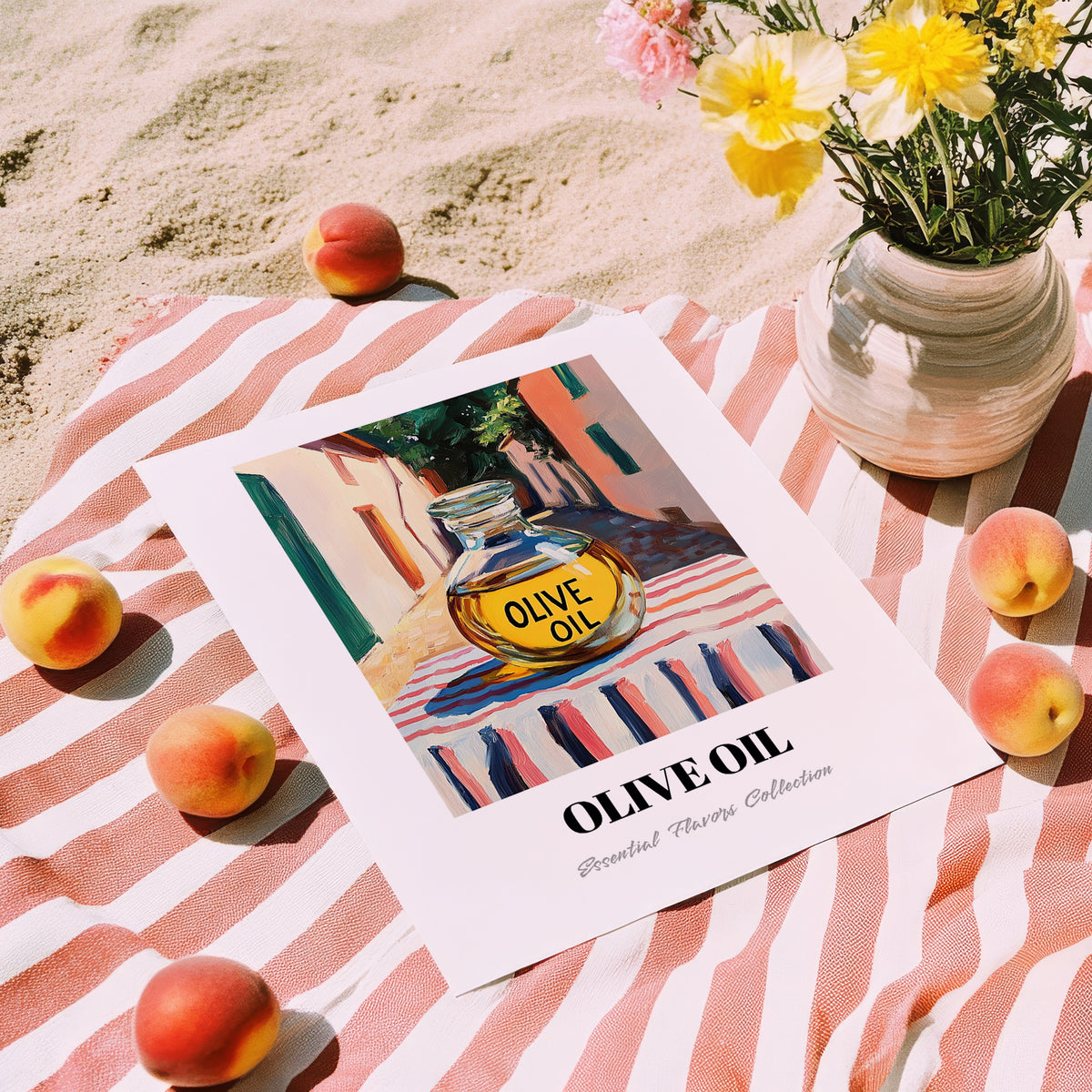Olive Oil – Italian Street Café Scene, Food Shelf Wall Art, unframed on coastal sand