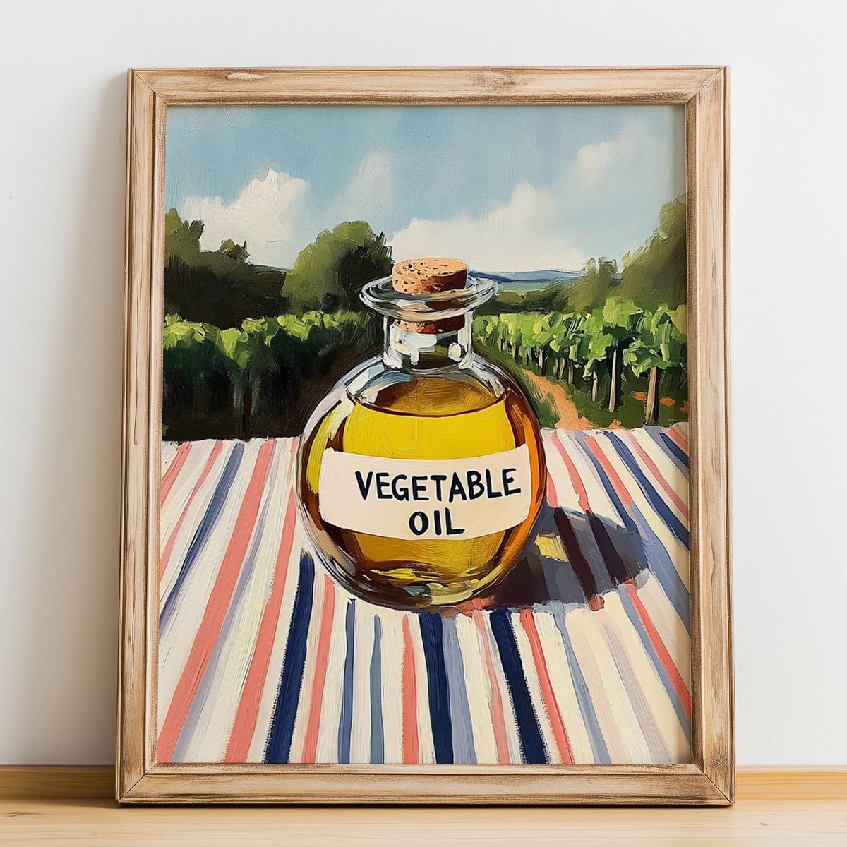 Vegetable Oil – Italian Hillside Café View, Food Shelf Still Life, no-text version framed in wood