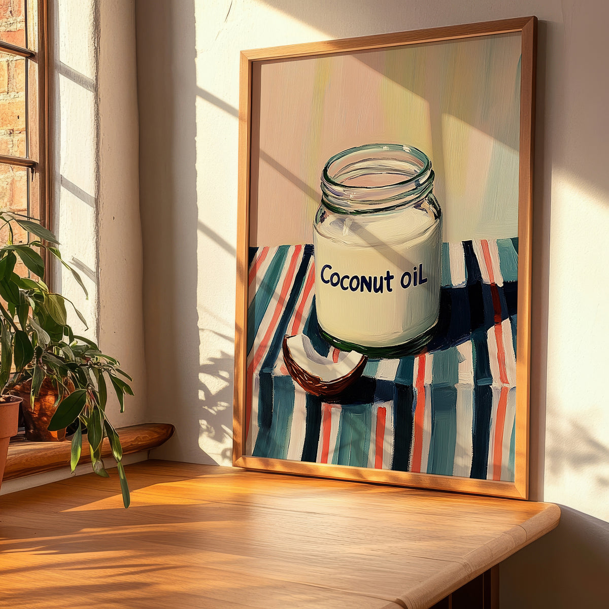 Coconut Oil – on Striped Tablecloth, Shelf Stock Wall Decor, clean layout with no caption