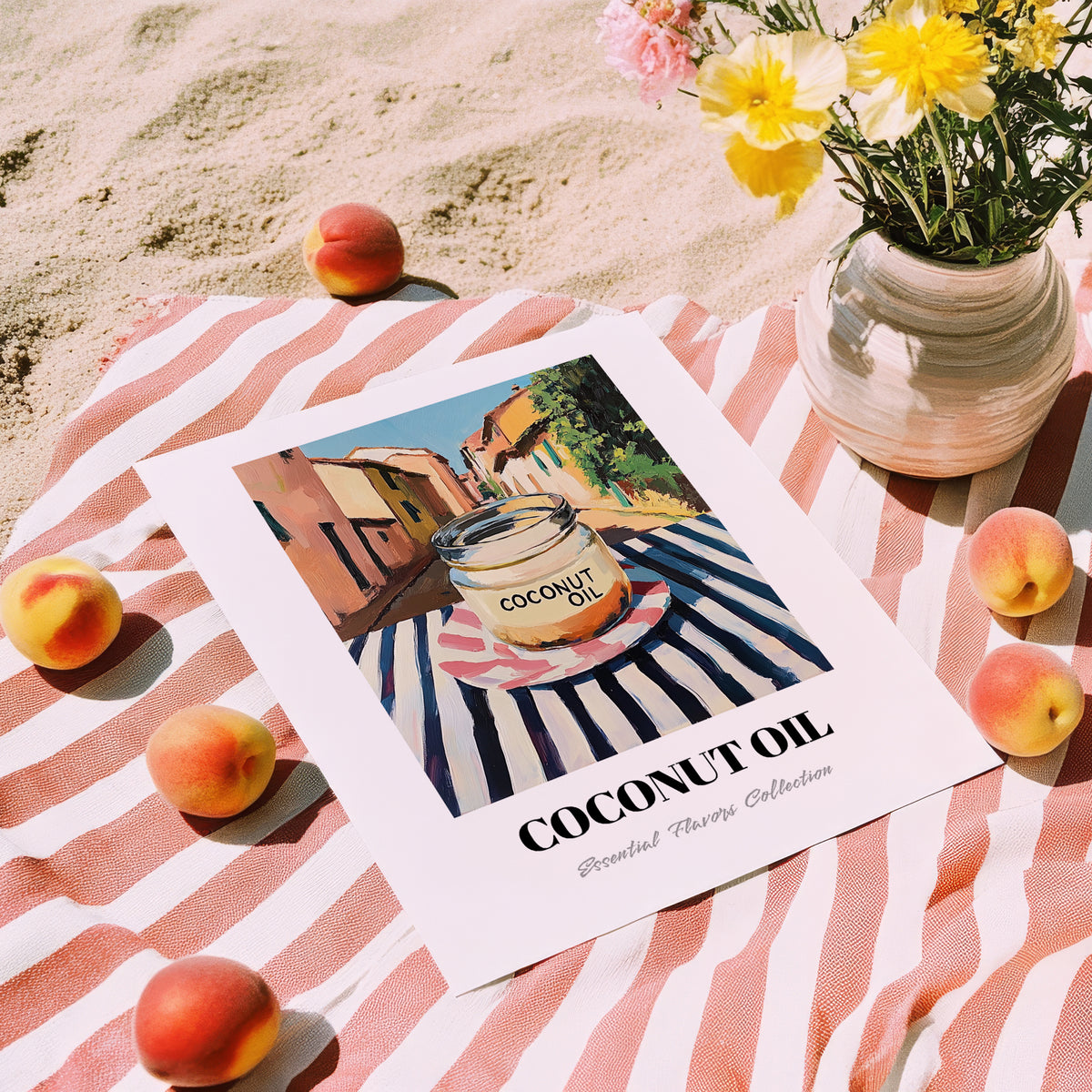 Coconut Oil – Italian Outdoor Café Scene, Larder Illustration, unframed on coastal sand