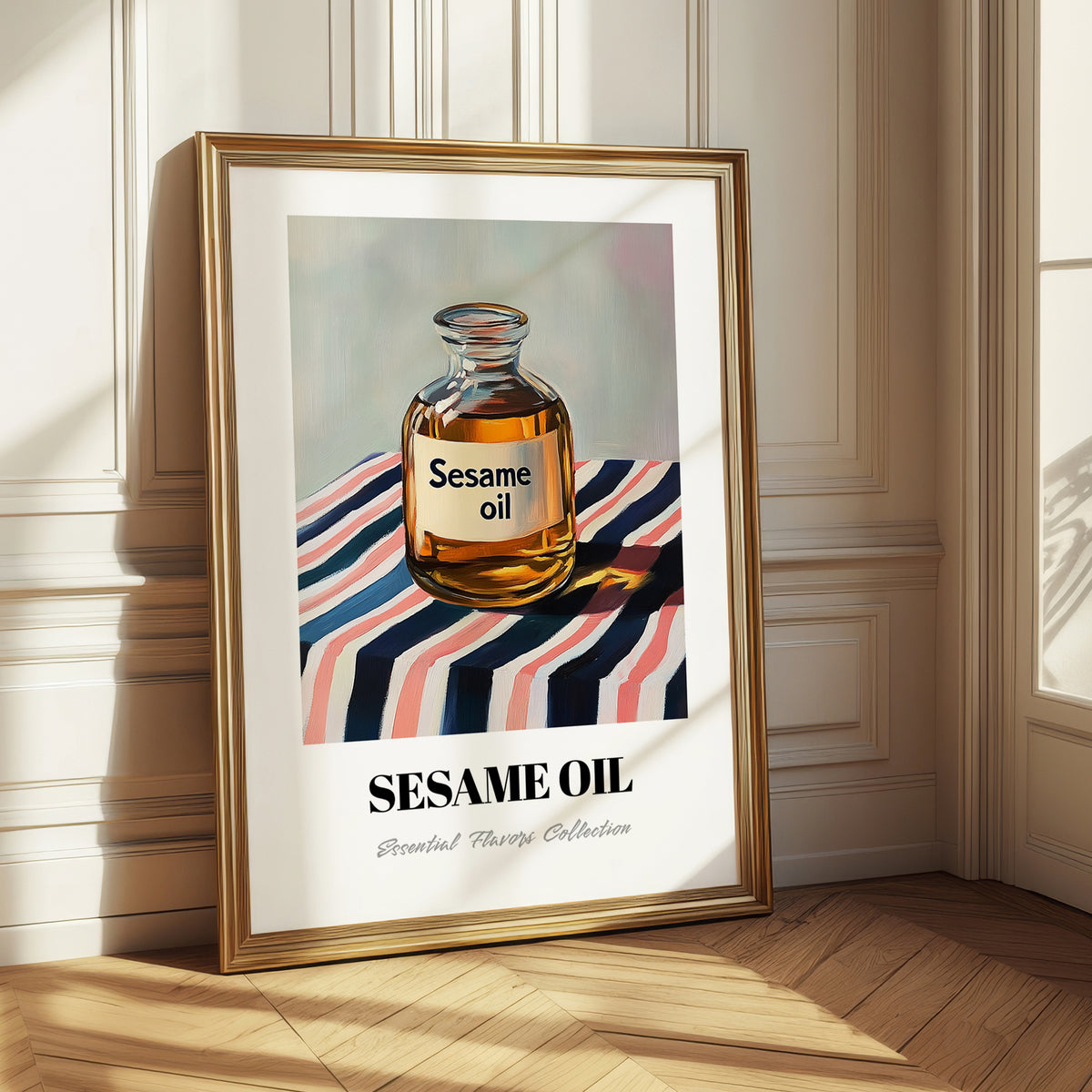 Sesame Oil – on Striped Tablecloth, Pantry Painting