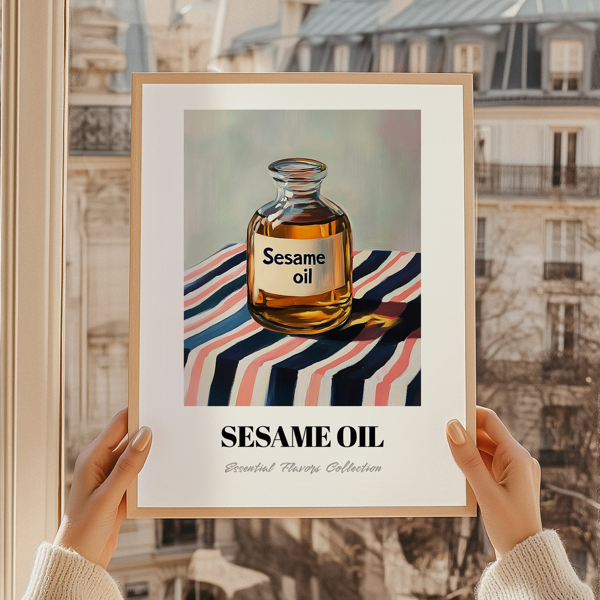 Sesame Oil – on Striped Tablecloth, Pantry Painting, styled in a charming Paris street view
