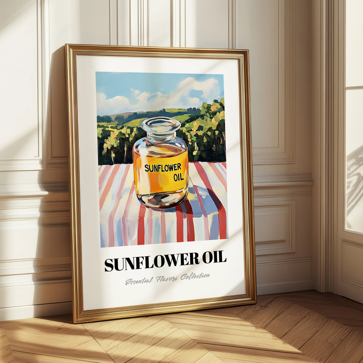 Sunflower Oil – Italian Hillside Café View, Ingredients Corner Painting