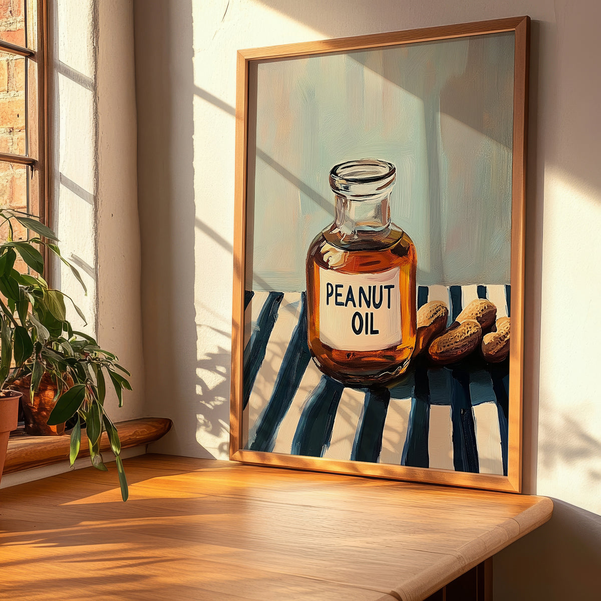 Peanut Oil – on Striped Tablecloth, Grocery Poster, clean layout with no caption