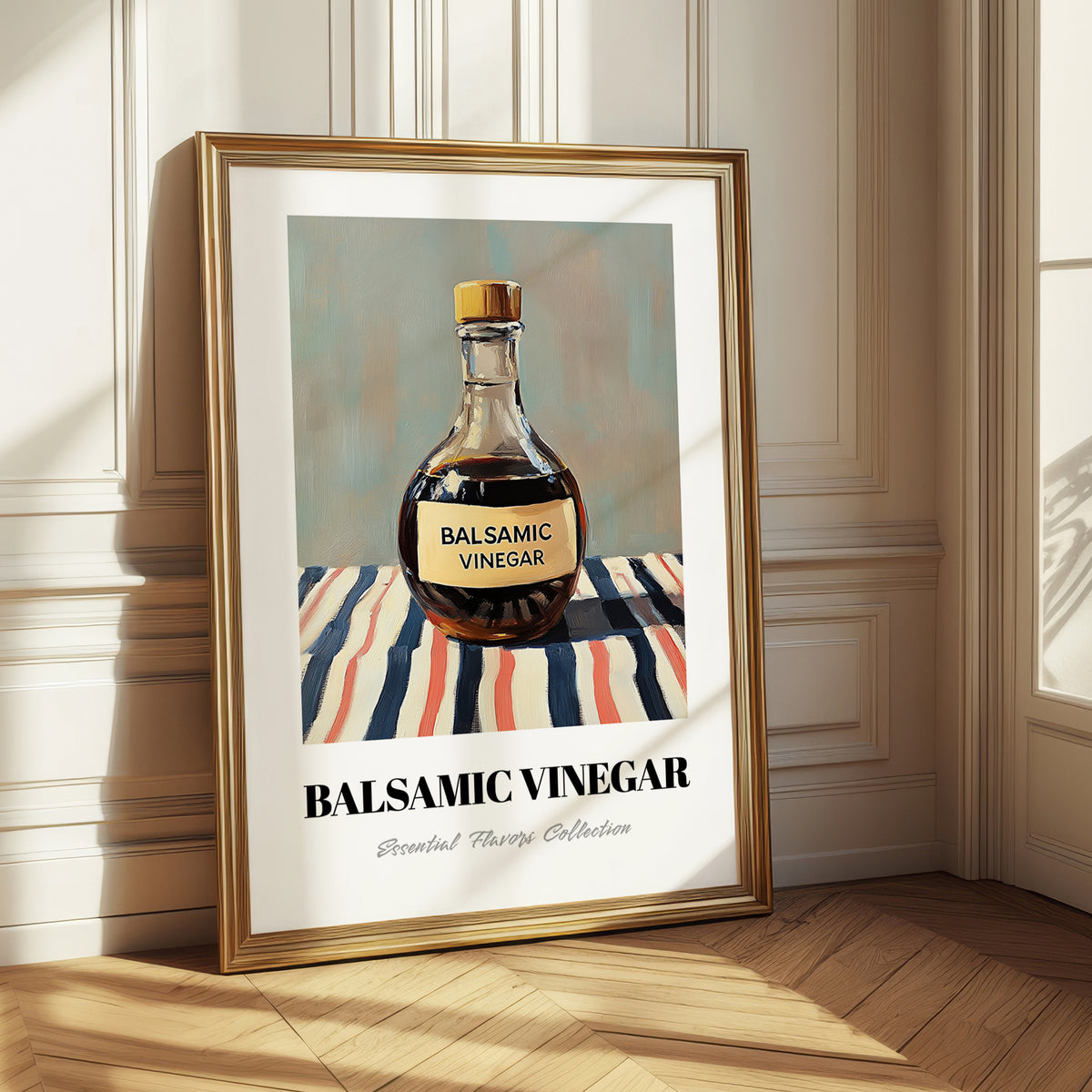 Balsamic Vinegar – on Striped Tablecloth, Pantry Painting