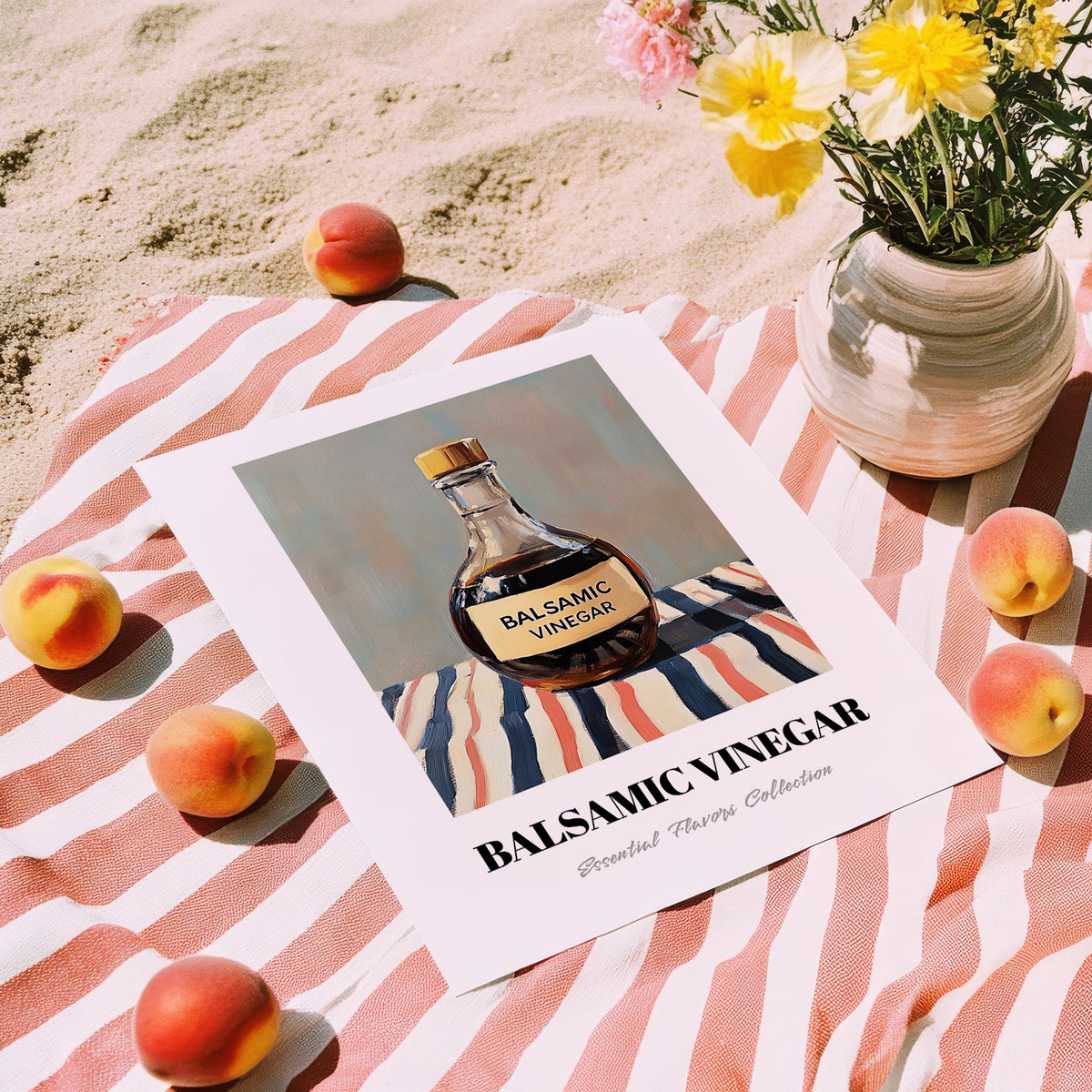 Balsamic Vinegar – on Striped Tablecloth, Pantry Painting, unframed on coastal sand