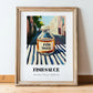 Fish Sauce – Italian Urban Café Scene, Larder Print, in wooden frame leaning on the floor