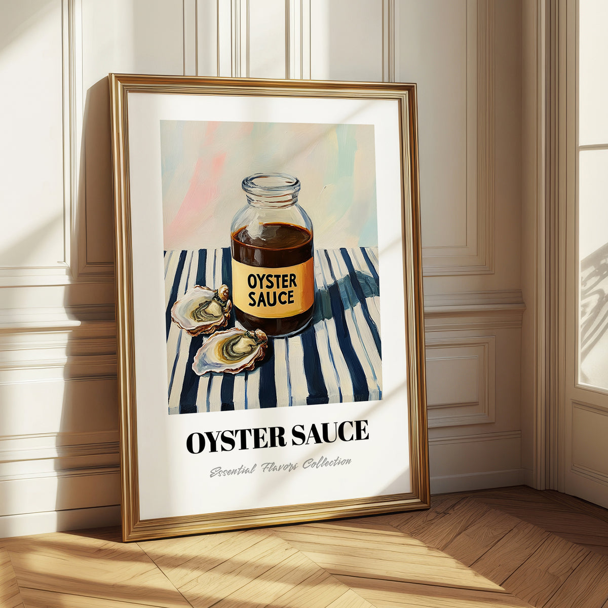 Oyster Sauce – on Striped Tablecloth, Grocery Painting