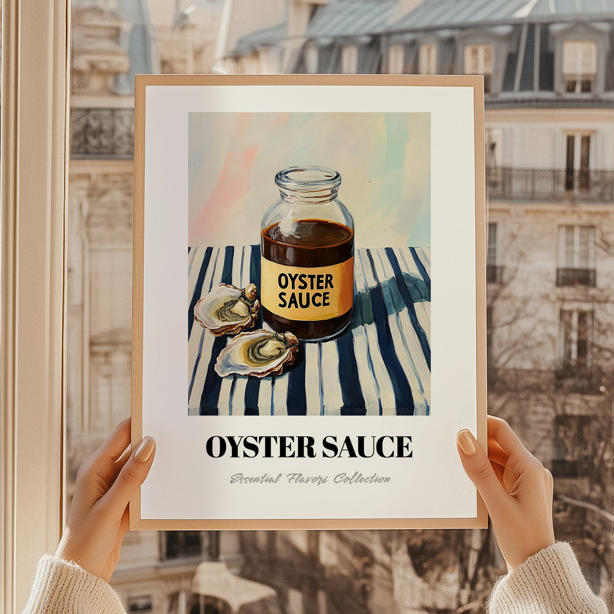 Oyster Sauce – on Striped Tablecloth, Grocery Painting, styled in a charming Paris street view