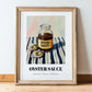 Oyster Sauce – on Striped Tablecloth, Grocery Painting, in wooden frame leaning on the floor