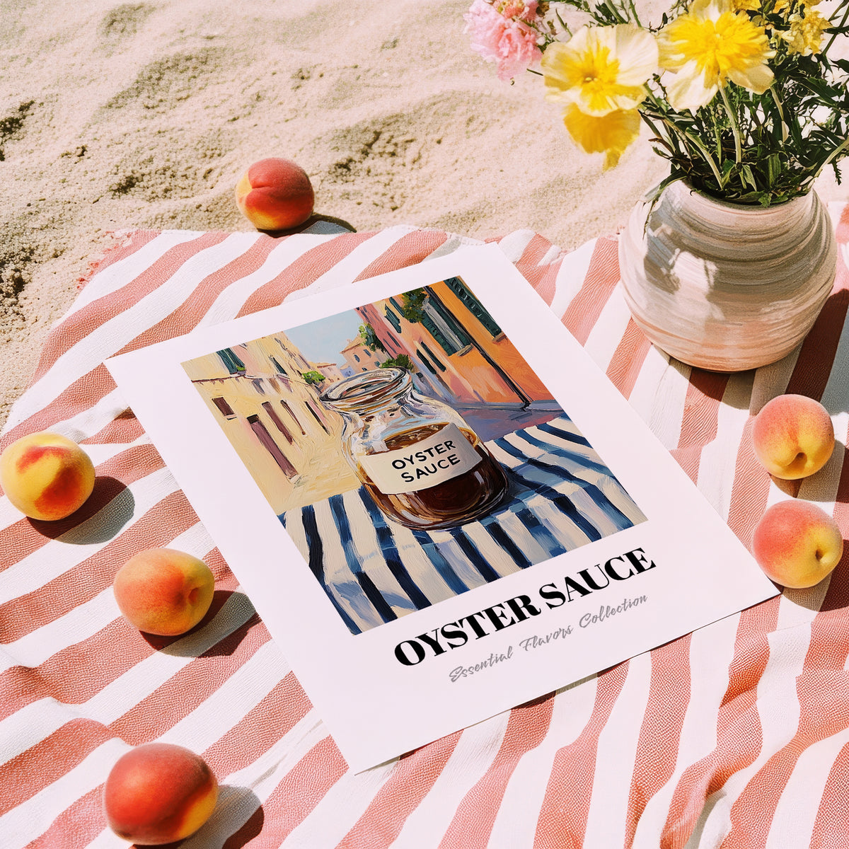 Oyster Sauce – Italian Street Café Scene, Kitchen Storage Painting, unframed on coastal sand
