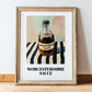 Worcestershire Sauce – on Striped Tablecloth, Grocery Still Life, in wooden frame leaning on the floor