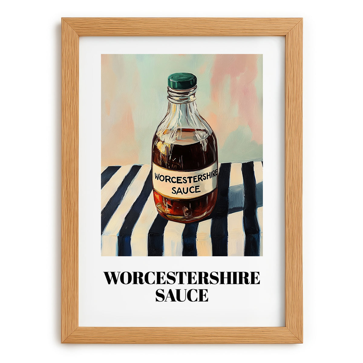 Worcestershire Sauce – on Striped Tablecloth, Grocery Still Life, set in oak frame
