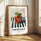 Tomato Sauce – on Striped Tablecloth, Grocery Still Life