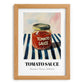 Tomato Sauce – on Striped Tablecloth, Grocery Still Life, set in oak frame