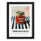Tomato Sauce – on Striped Tablecloth, Grocery Still Life, in sleek black frame