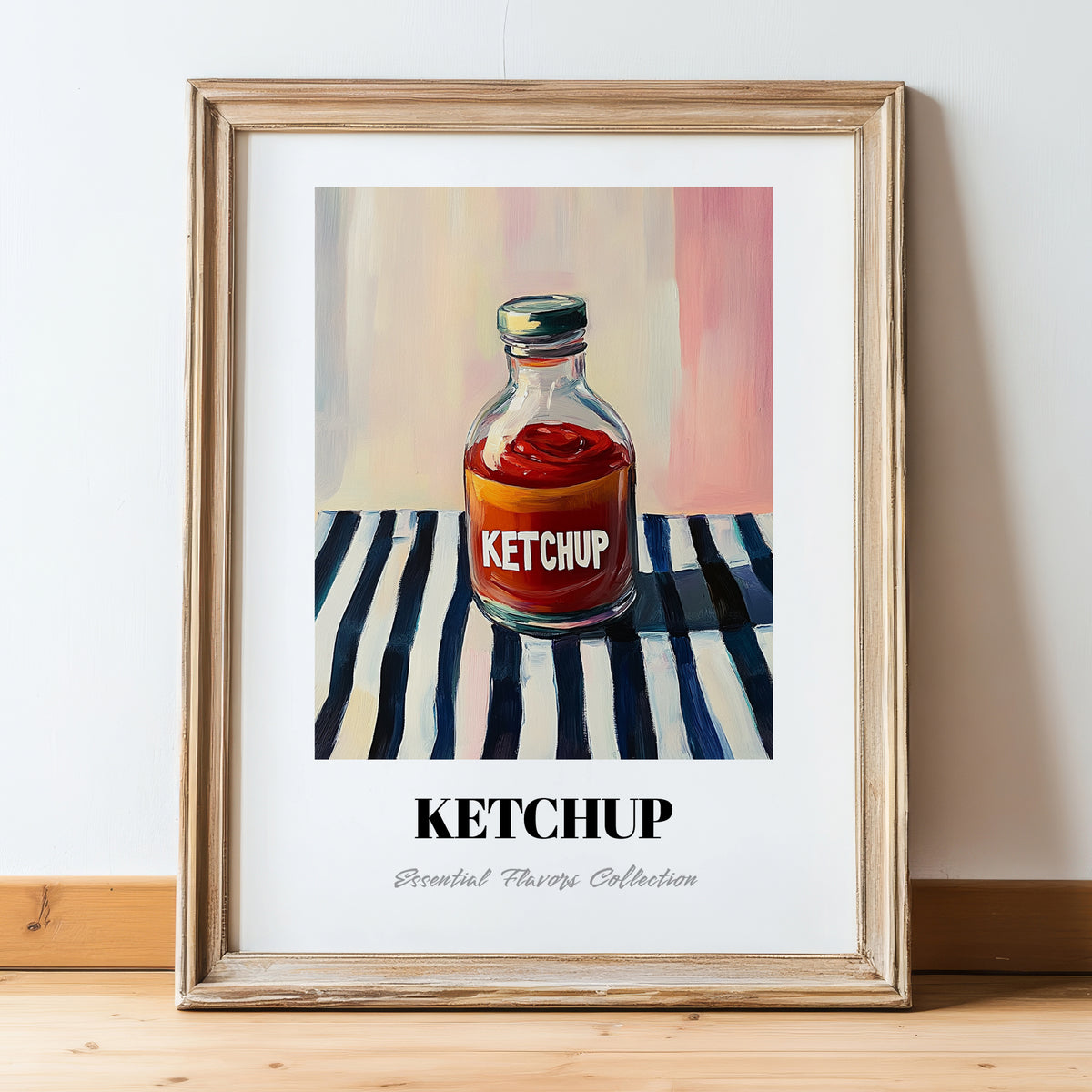 Ketchup – on Striped Tablecloth, Grocery Still Life, in wooden frame leaning on the floor