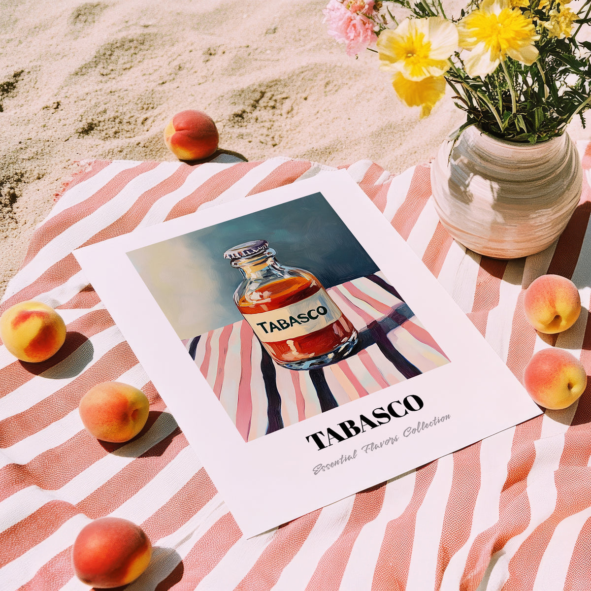 Tabasco – on Striped Tablecloth, Pantry Art, unframed on coastal sand