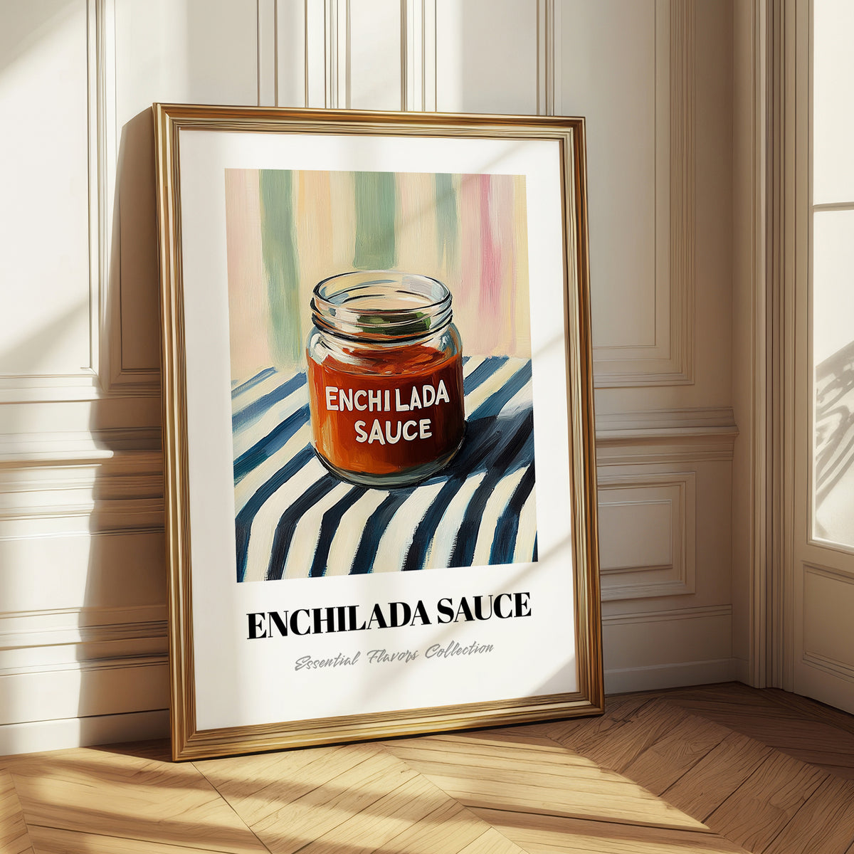 Enchilada Sauce – on Striped Tablecloth, Grocery Still Life