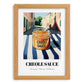 Creole Sauce – Italian Outdoor Café Scene, Food Shelf Illustration, set in oak frame