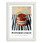 Putanesca Sauce – on Striped Tablecloth, Kitchen Storage Wall Print, placed in minimal white frame