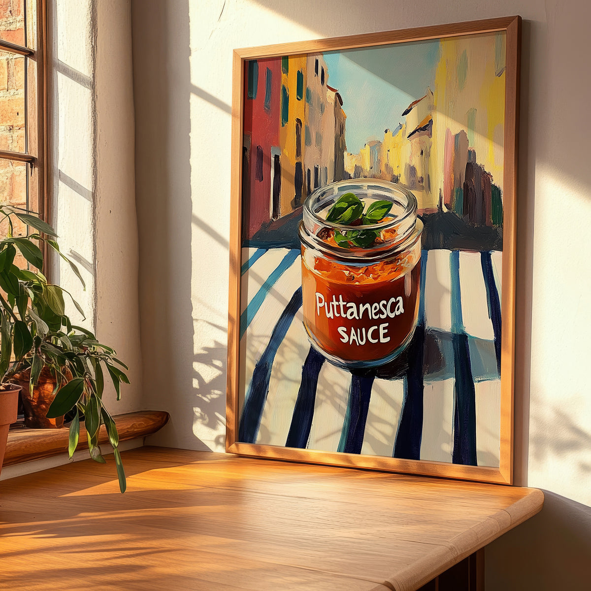 Putanesca Sauce – Italian Outdoor Café Scene, Food Shelf Wall Decor, clean layout with no caption