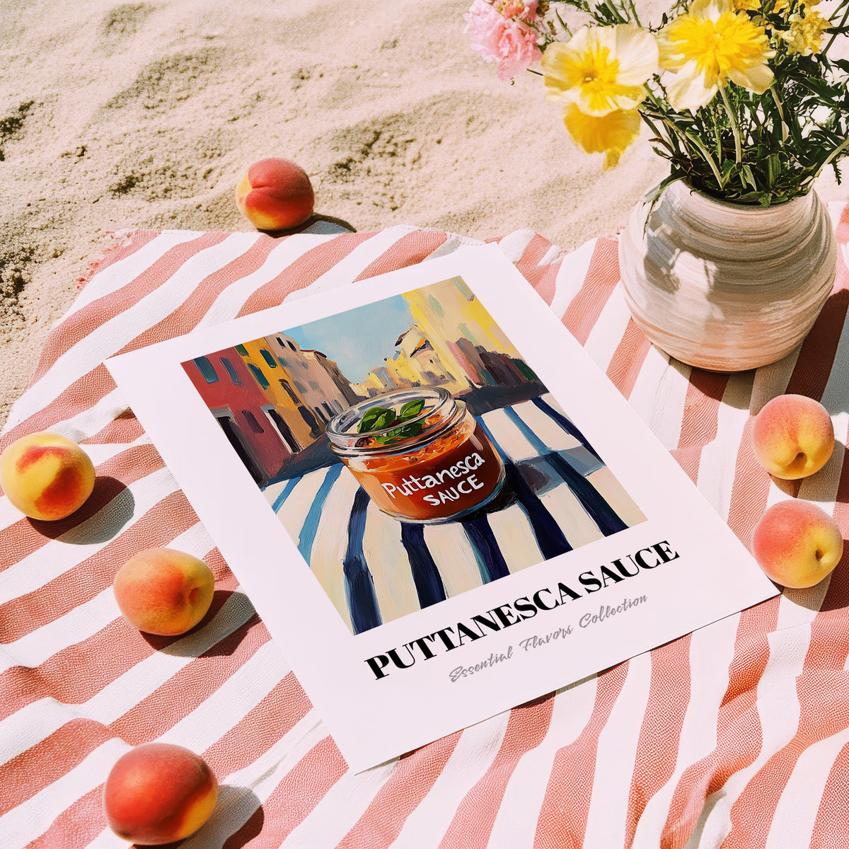 Putanesca Sauce – Italian Outdoor Café Scene, Food Shelf Wall Decor, unframed on coastal sand