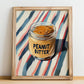 Peanut Butter – on Striped Tablecloth, Food Shelf Still Life, no-text version framed in wood