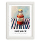 Hot Sauce – on Striped Tablecloth, Bbq Poster, placed in minimal white frame