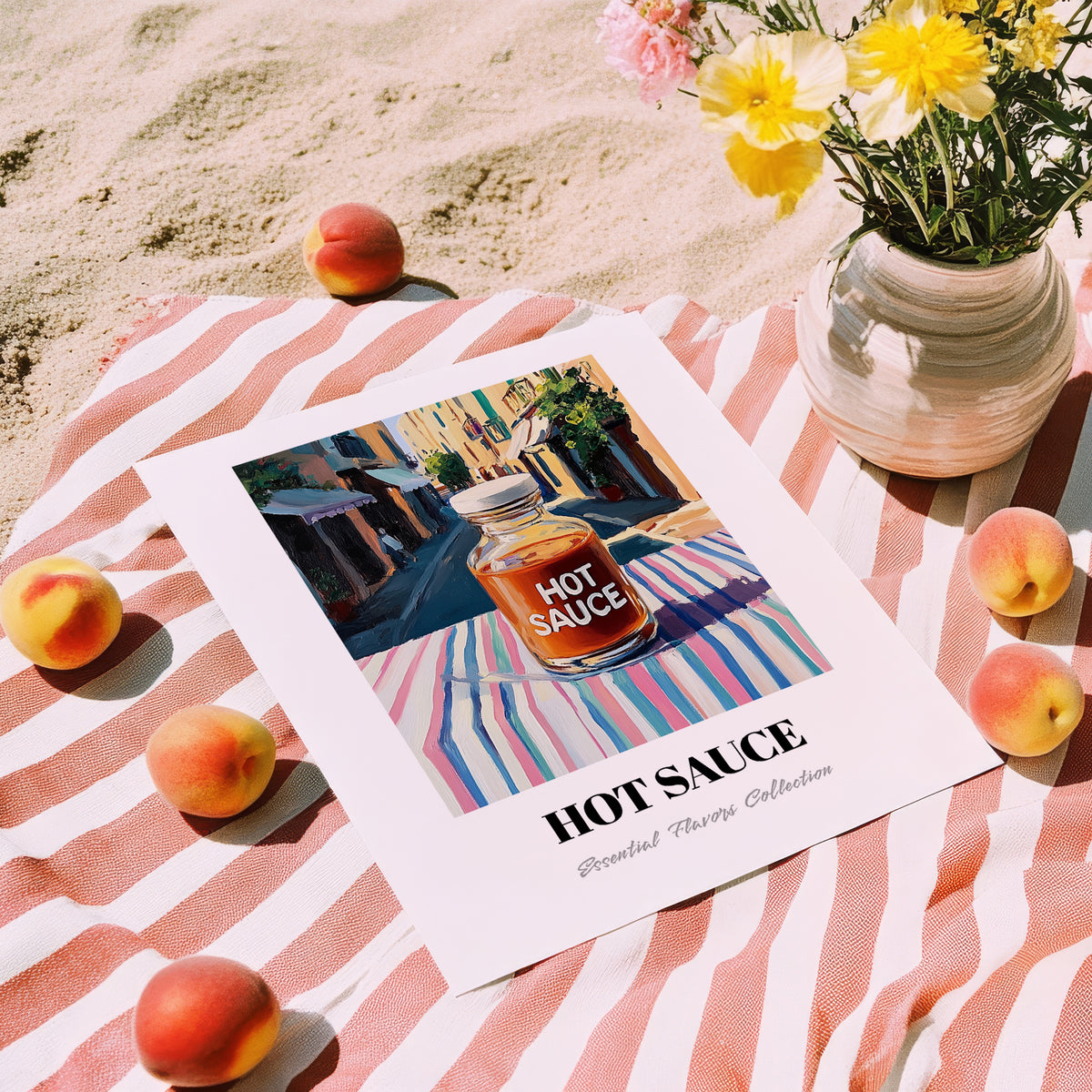 Hot Sauce – Italian Urban Café Scene, Bbq Print, unframed on coastal sand
