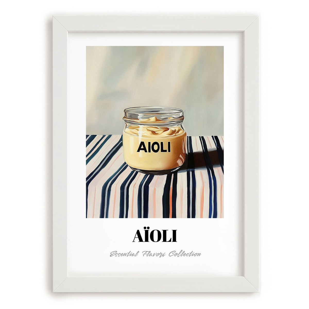 Aioli – on Striped Tablecloth, Kitchen Storage Painting, placed in minimal white frame