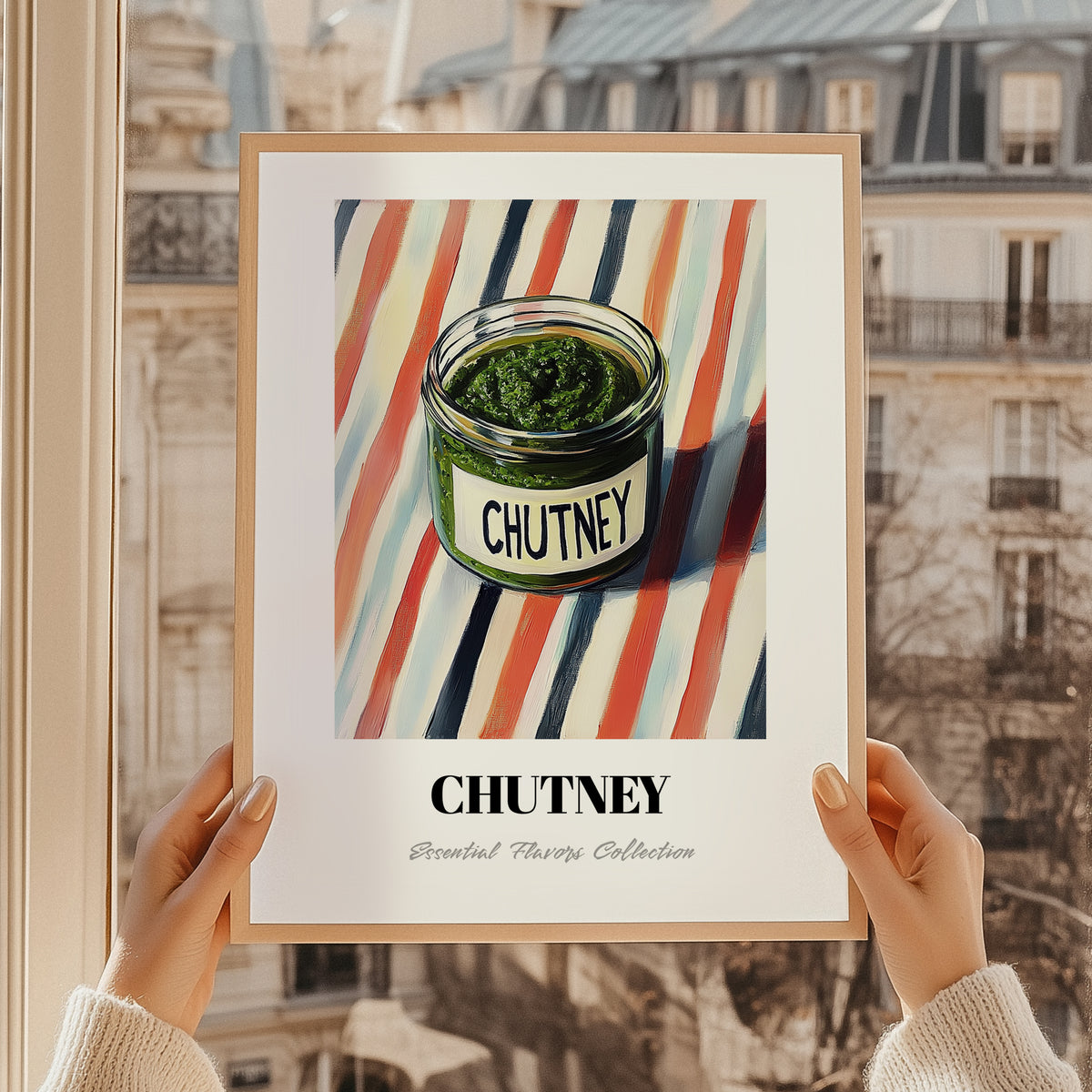Chutney – on Striped Tablecloth, Dry Goods Still Life, styled in a charming Paris street view