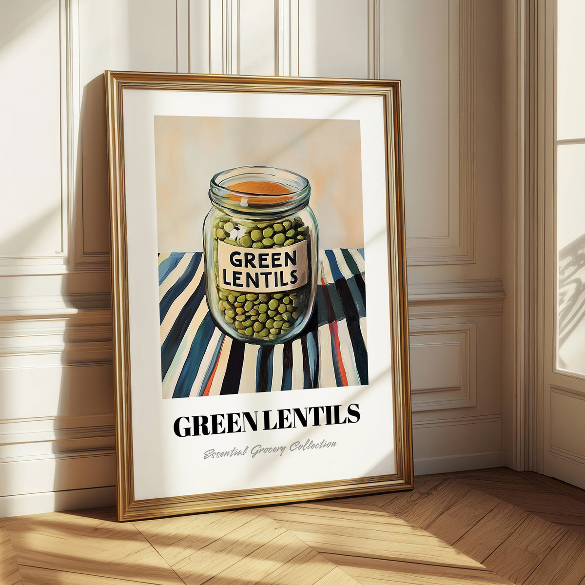 Green Lentils – on Striped Tablecloth, Pantry Wall Decor