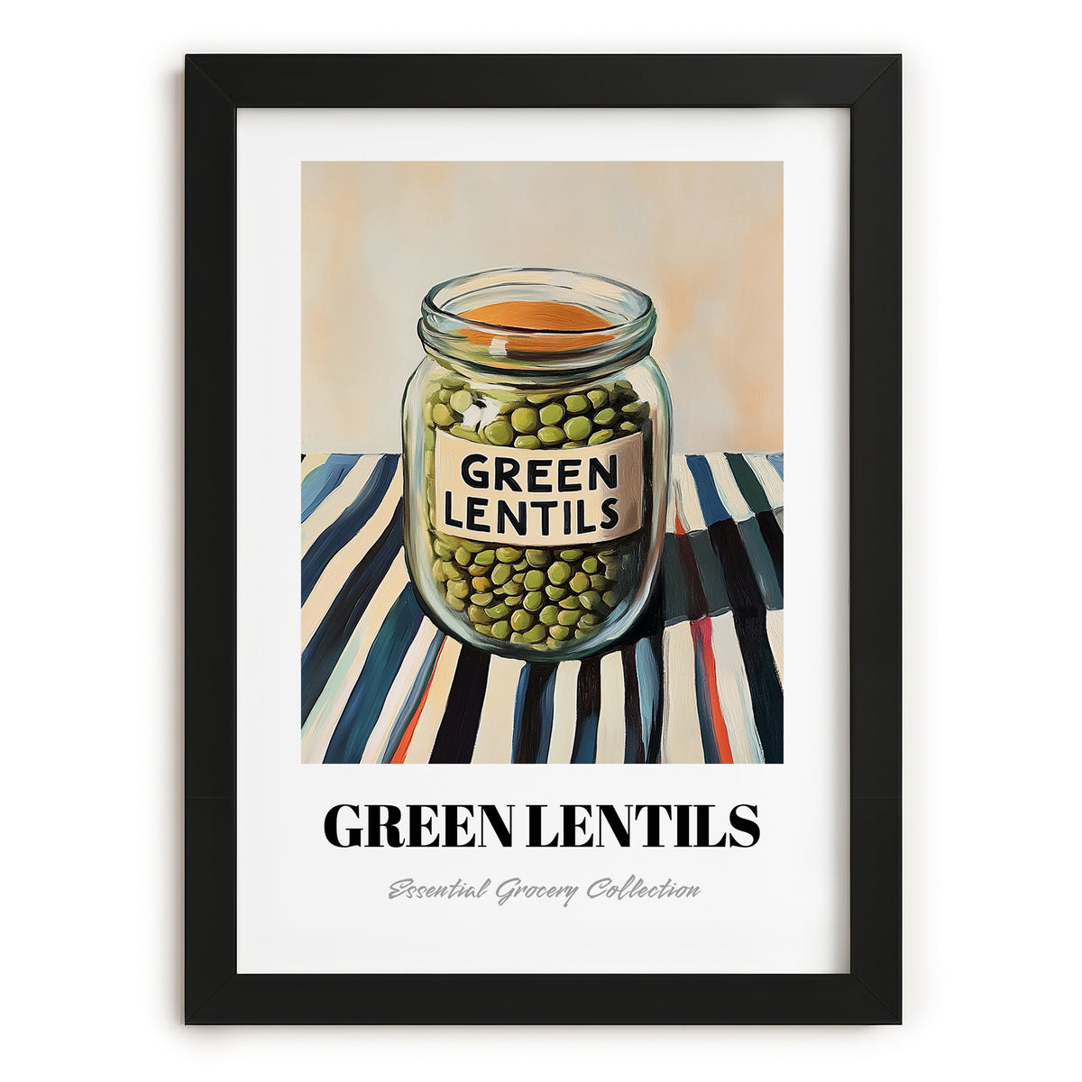 Green Lentils – on Striped Tablecloth, Pantry Wall Decor, in sleek black frame