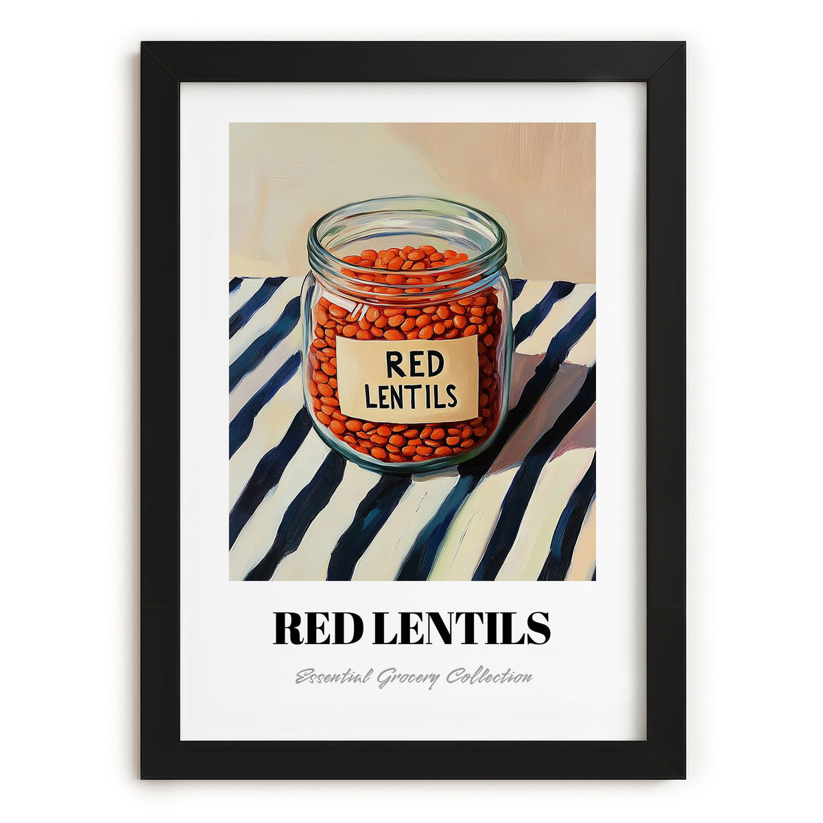 Red Lentils – on Striped Tablecloth, Pantry Painting, in sleek black frame